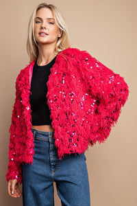 Scarlet Open Front Sequin Shaggy Jacket