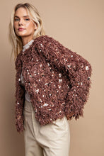 Mocha Open Front Sequin Shaggy Jacket