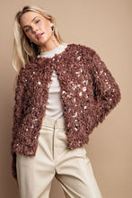 Mocha Open Front Sequin Shaggy Jacket