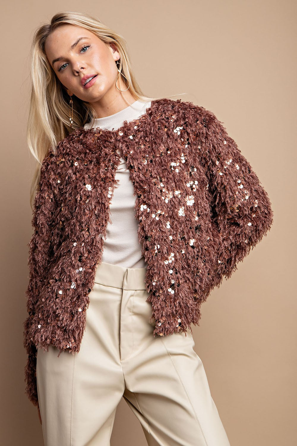 Mocha Open Front Sequin Shaggy Jacket