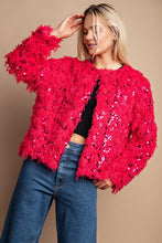 Scarlet Open Front Sequin Shaggy Jacket