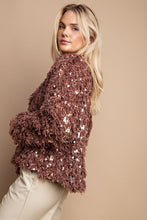 Mocha Open Front Sequin Shaggy Jacket