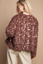 Mocha Open Front Sequin Shaggy Jacket