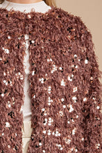 Mocha Open Front Sequin Shaggy Jacket