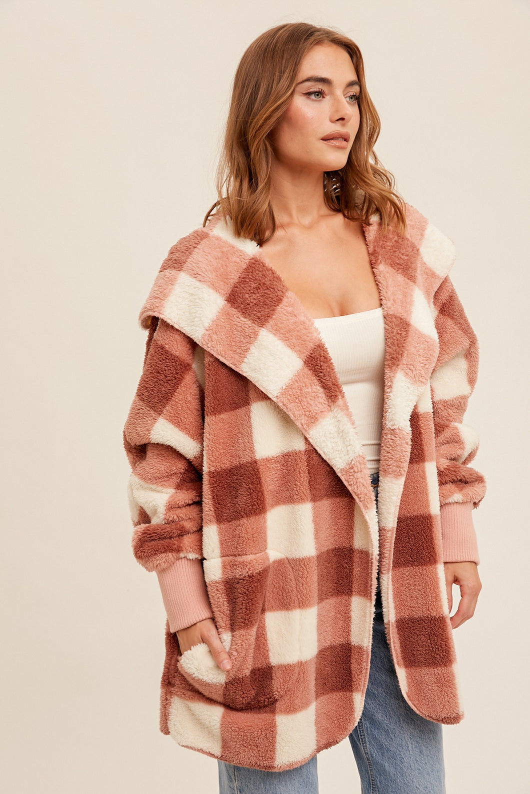 Cream/Mauve Check Print Sherpa Hoodie Cardigan