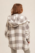 Grey/White Check Print Sherpa Hoodie Cardigan