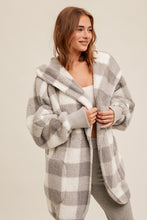 Grey/White Check Print Sherpa Hoodie Cardigan