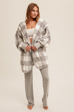 Grey/White Check Print Sherpa Hoodie Cardigan