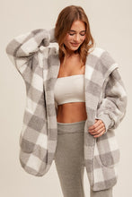Grey/White Check Print Sherpa Hoodie Cardigan
