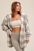 Grey/White Check Print Sherpa Hoodie Cardigan