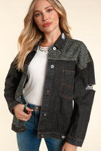 Charcoal/Grey Distressed Leopard Patched Wash Denim Jacket