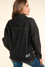 Charcoal/Grey Distressed Leopard Patched Wash Denim Jacket