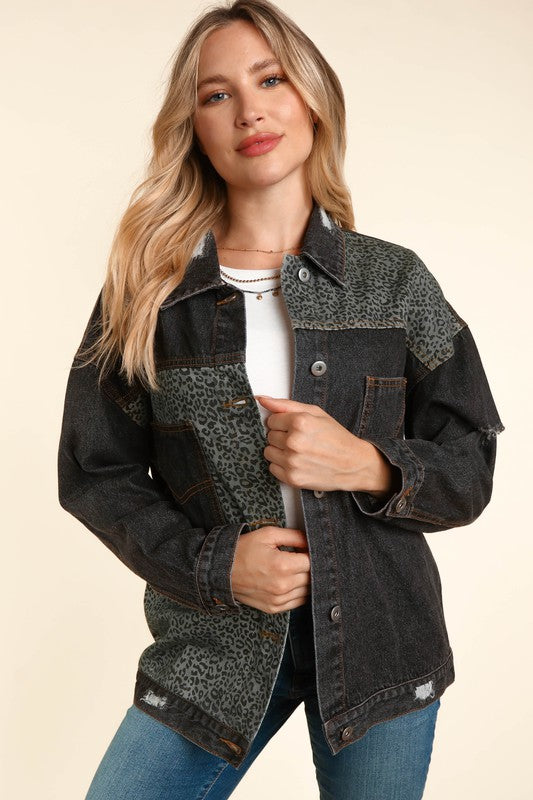 Charcoal/Grey Distressed Leopard Patched Wash Denim Jacket