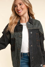 Charcoal/Grey Distressed Leopard Patched Wash Denim Jacket