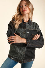 Charcoal/Grey Distressed Leopard Patched Wash Denim Jacket