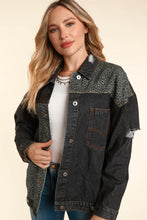 Charcoal/Grey Distressed Leopard Patched Wash Denim Jacket