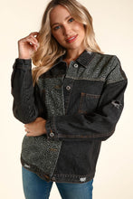 Charcoal/Grey Distressed Leopard Patched Wash Denim Jacket