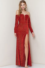 Red Long Sleeve Off Shoulder Velvet Sequin Maxi Dress