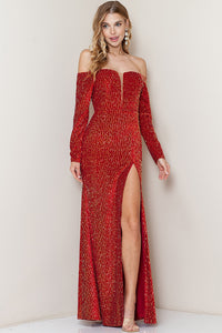 Red Long Sleeve Off Shoulder Velvet Sequin Maxi Dress