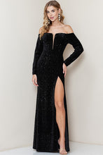 Black Long Sleeve Off Shoulder Velvet Sequin Maxi Dress