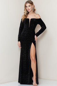 Black Long Sleeve Off Shoulder Velvet Sequin Maxi Dress