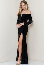 Black Long Sleeve Off Shoulder Velvet Sequin Maxi Dress