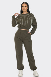 Olive Sweatshirt Set With Rhinestone Detail