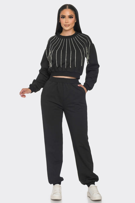 Black Sweatshirt Set With Rhinestone Detail