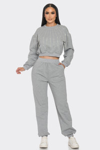 H.Grey Sweatshirt Set With Rhinestone Detail