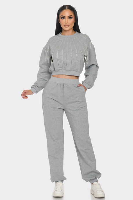 H.Grey Sweatshirt Set With Rhinestone Detail