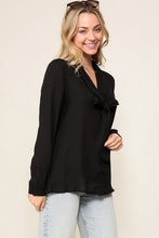 Black Long Sleeve Button Down V-Neck Front Tie Blouse