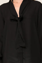 Black Long Sleeve Button Down V-Neck Front Tie Blouse