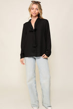 Black Long Sleeve Button Down V-Neck Front Tie Blouse