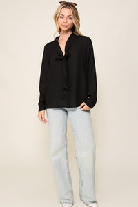 Black Long Sleeve Button Down V-Neck Front Tie Blouse