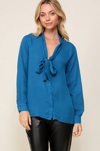 Teal Long Sleeve Button Down V-Neck Front Tie Blouse