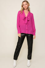 Magenta Long Sleeve Button Down V-Neck Front Tie Blouse