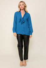 Teal Long Sleeve Button Down V-Neck Front Tie Blouse