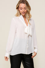 Ivory Long Sleeve Button Down V-Neck Front Tie Blouse