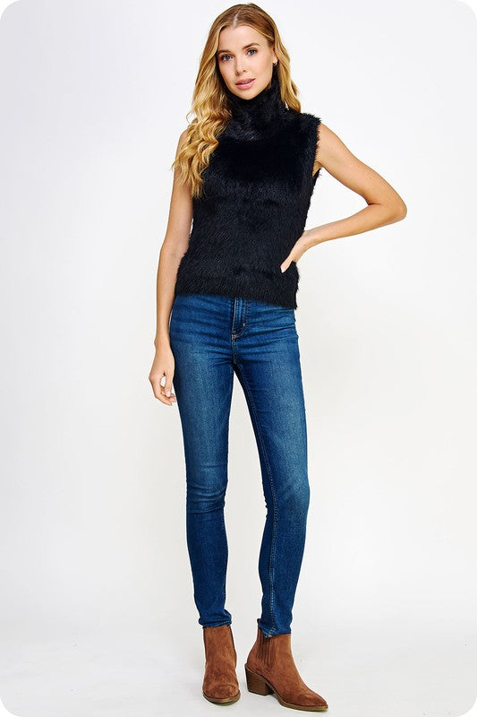 Black Mock Neck Faux Fur Sleeveless Sweater Top