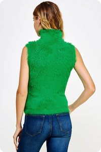Emerald Mock Neck Faux Fur Sleeveless Sweater Top
