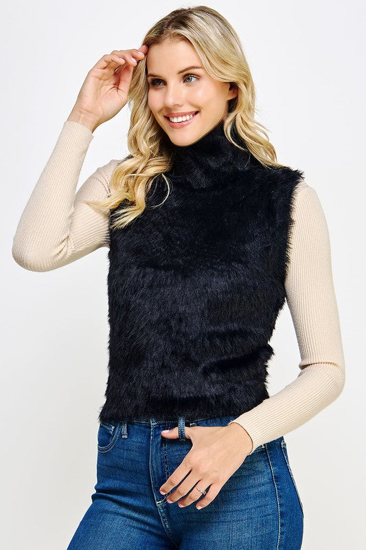 Black Mock Neck Faux Fur Sleeveless Sweater Top