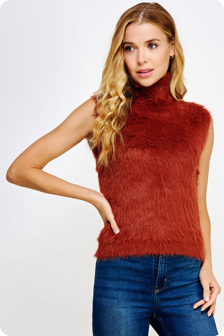 Copper Brown Mock Neck Faux Fur Sleeveless Sweater Top