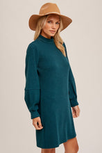 Sea Green Mock Neck Ribbed Knit Dress With Pleated Sleeve