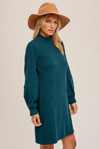 Sea Green Mock Neck Ribbed Knit Dress With Pleated Sleeve