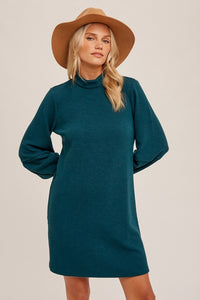 Sea Green Mock Neck Ribbed Knit Dress With Pleated Sleeve