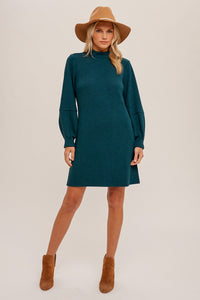 Sea Green Mock Neck Ribbed Knit Dress With Pleated Sleeve