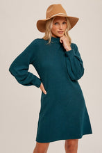 Sea Green Mock Neck Ribbed Knit Dress With Pleated Sleeve