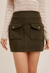 Moss Green Front Pocket With Flap And Button Short Skirt