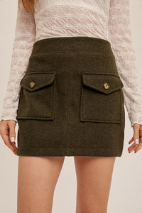 Moss Green Front Pocket With Flap And Button Short Skirt