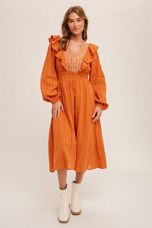 Pumpkin Embroidered V-Neck Ruffled Smocked Midi Dress